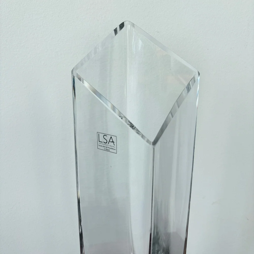 LSA International Handblown Clear Glass Square Vase 15.5 Inch Tall Geometric